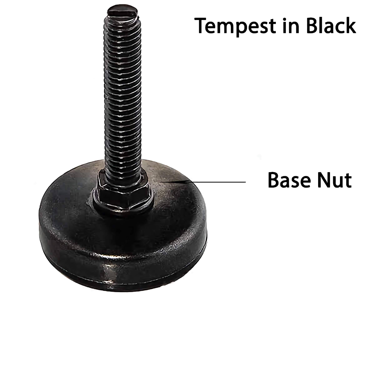 Black fixture leveler — labelled base-nut detail