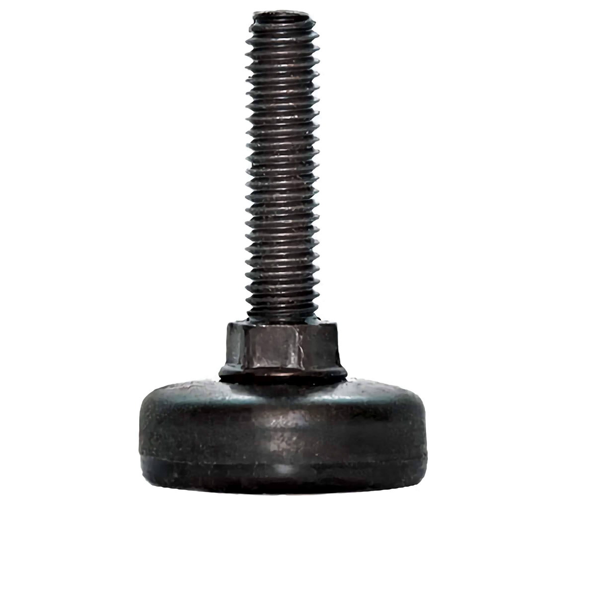 Black fixture leveler with threaded stem and base nut — user-supplied product photograph