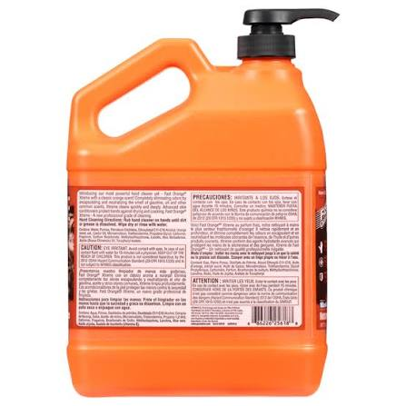 Orange hand cleaner pump container — user-supplied representative photograph